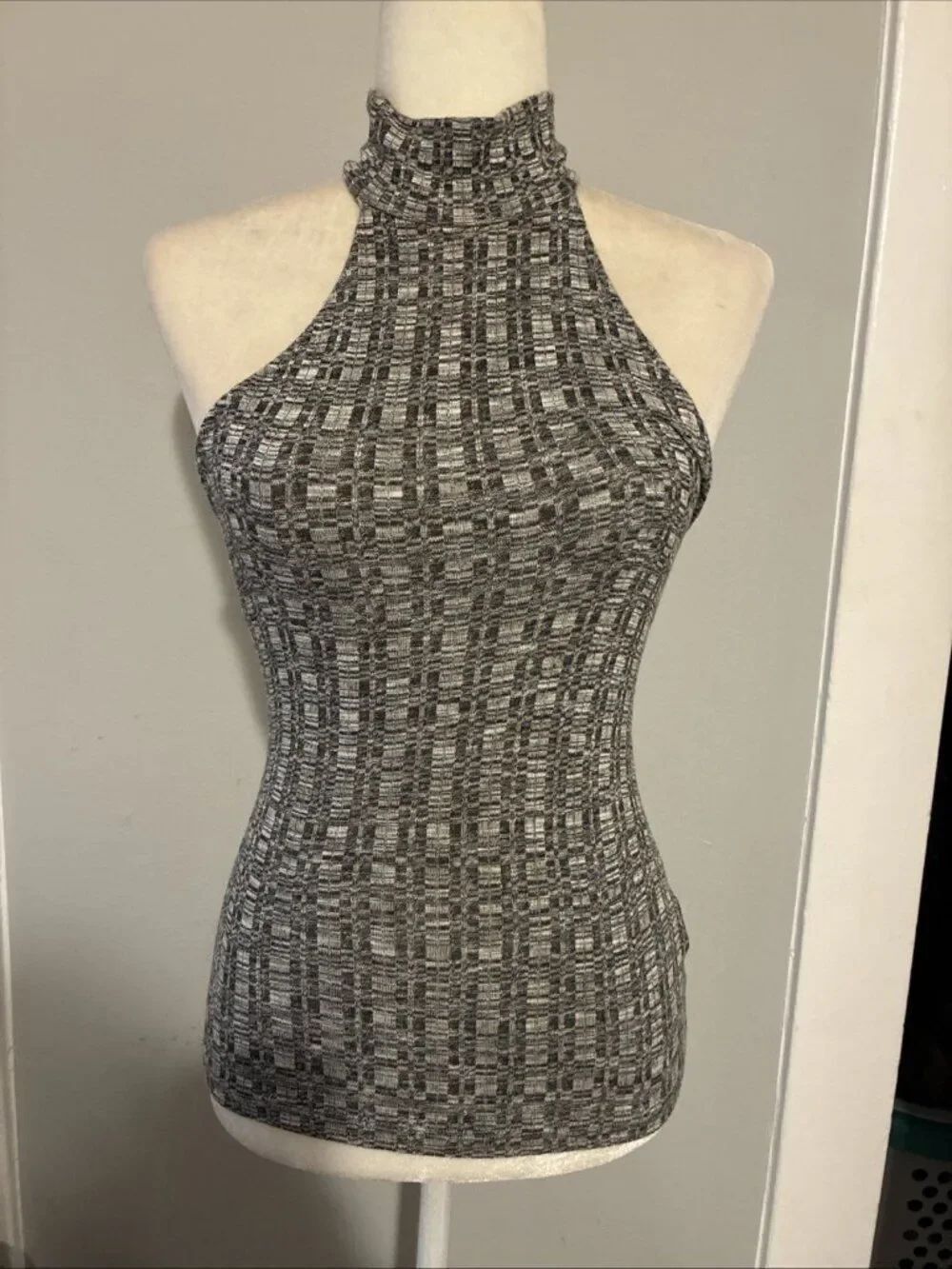 Bebe Y2k Black White Knit Mock Neck Stretch Tank Top Xxs
